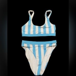BLUE AND WHITE RETRO EXTRA HIGH WAISTED BIKINI- size medium